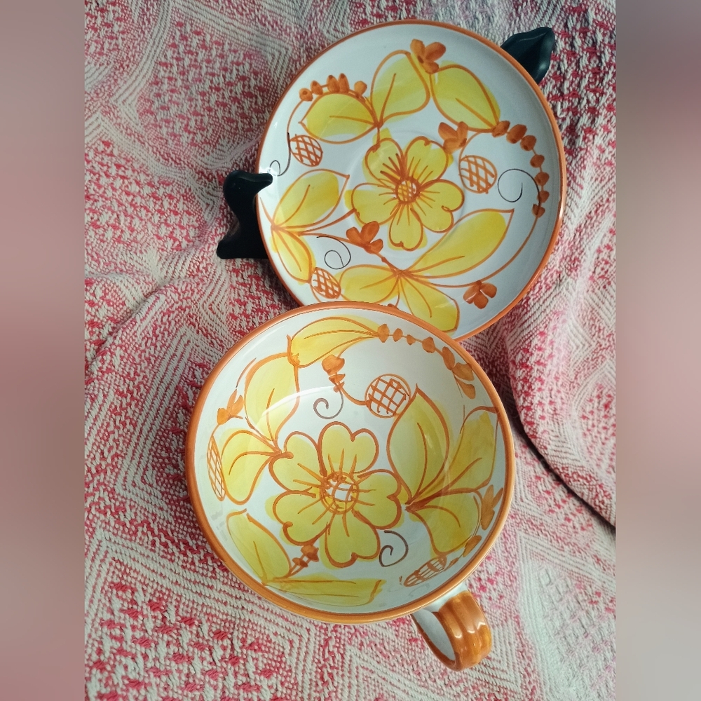 handpainted yellow & Brown Floral Majolica Italian Tea Cup & Saucer Demitasse